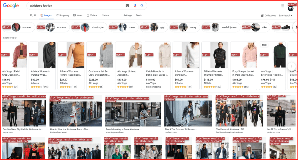 This is a screenshot from Google Images for the search "athleisure fashion." We are using a Chrome plugin that shows the alt text for images, which is either blank or says: "Image result for athleisure fashion.