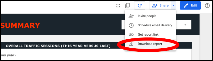 A screenshot of the MediaSesh dropdown menu under the Google Looker Studio page menu icon, which is to the left of menu icons for Refresh, Share, and Edit. There are 4 options in the drop-down menu: 1. Invite People, 2. Schedule Email Delivery, 3. Get Report Link, and 4. Download Report. Download Report is circled.