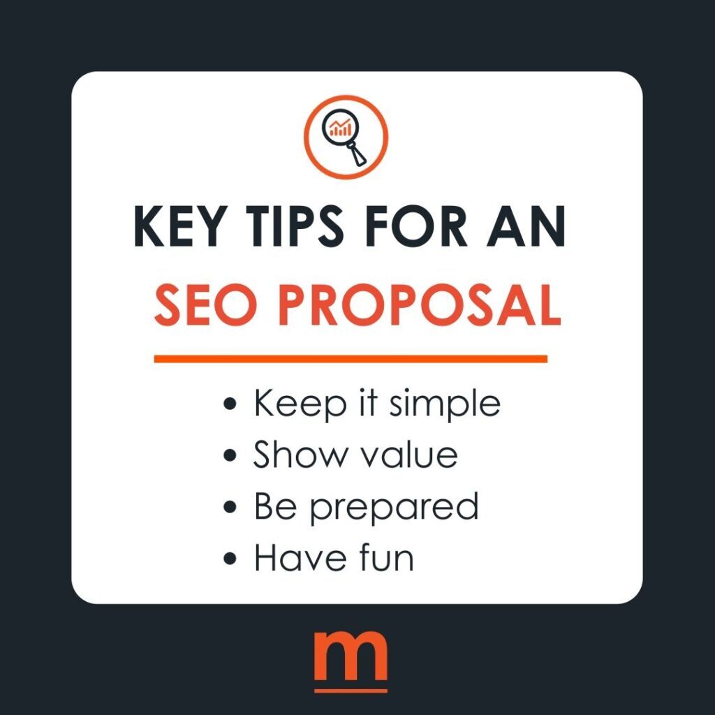 MediaSesh branded graphic. Dark blue and orange text on a white and dark blue background reads, "Key tips for an S, E, O proposal. Keep it simple. Show value. Be prepared. Have fun."